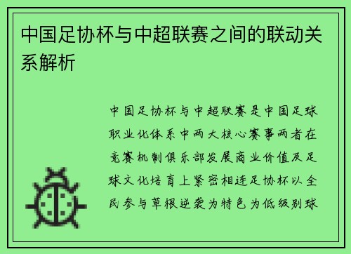 中国足协杯与中超联赛之间的联动关系解析