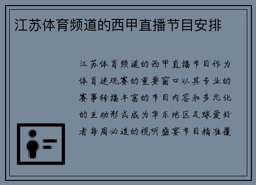 江苏体育频道的西甲直播节目安排